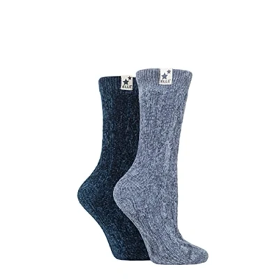 Image of Elle Womens Soft and Cosy Cable Knit Chenile Boot Socks in a Multipack of 2 for Walking Hiking the Outdoors Size 4 8 Blue Grey/Sapphire