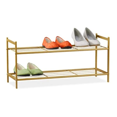 Image of Relaxdays Rack SANDRA 2 Shelves, Metal Storage Unit, 33.5 x 69.5 26 cm, 6 Pairs of Shoes, Gold, Steel, 33.5x69.5x26 cm