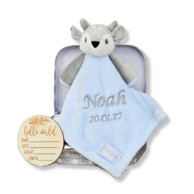 Image of Hoolaroo Personalised Baby Boy Gifts New Born Bay Comforter Personalized Blue Shower Deer In Box With Wooden Milestone Card for Newborn