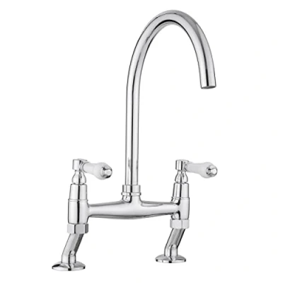 Image of JASSFERRY Traditional Bridge Mixer Tap White Ceramic Lever Handles Deck Mounted Monobloc Classic 2 Hole Kitchen Sink Chrome Faucet with Swivel Spout