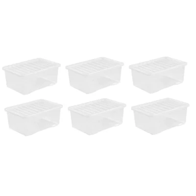 Image of 6 x 45L Plastic Storage Boxes Crystal Clear Box &amp; Lid Suitable for all around the Home Office and Workplace Stackable Nestable Large Strong 60 40 25 cm