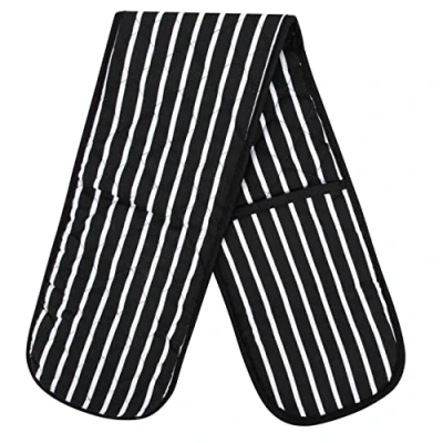 Image of Black Double Oven Gloves Heat Resistant Mitts for Home Kitchen Baking and Cooking, Butchers Stripe Pot Pan Tray Gloves, Heavy Duty Cooking (Black)