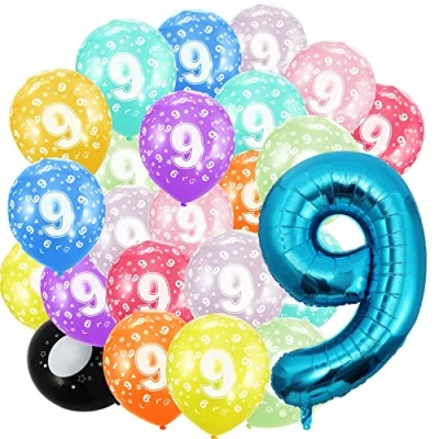 Image of 9nd Birthday Balloons,Blue Number 9 Balloon and 20pcs 12&quot; Multicoloured Numbers Printed Latex Age Balloons,Birthday Balloons for Girls Boys Decorations,9nd Anniversary Party Supplies