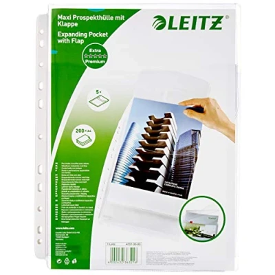 Image of Leitz Premium Plastic Punched Pocket A4, Expanding, High Capacity 200 Sheets, 170 Micron PVC, Top Flap, Pack of 5, 47573003