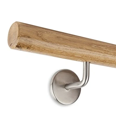 Image of Handrail Set Oak 45mm Diameter Varnished incl. 2 Stainless Steel Wall Brackets (150 cm + Brackets)