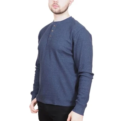 Image of Enzo Moretti Mens Thermal Top Long Sleeve T Shirt Henley Cotton Rich Waffle Knit Work Casual Navy, L