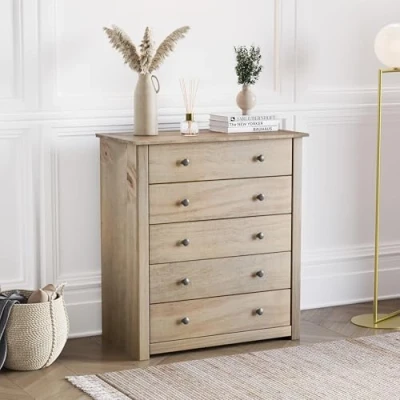 Image of Vida Designs Panama 5 Drawer Chest Solid Pine Wood Waxed Oak Finish