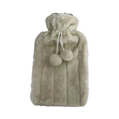 Image of Hot Water Bottle with Cosy Faux Fur Pom Cover Fluffy Super Soft Large 2 Litre (Cream)