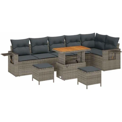 Image of vidaXL 9 Piece Garden Sofa Set with Cushions Grey Poly Rattan Acacia