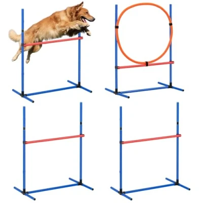 Image of VEVOR Dog Agility Training Equipment, 4 PCS Set Adjustable High Hurdles and Jump Ring, Puppy Obstacle Course Starter Kit with Poles Storage Bag for Backyard, Indoor, Outdoor