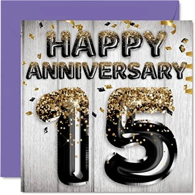 Image of Awesome Crystal Anniversary Card for Husband Boyfriend Wife Girlfriend Black Gold Glitter Balloon Happy 15th Cards from Family, 145mm x Greeting Fifteenth Anniversaries