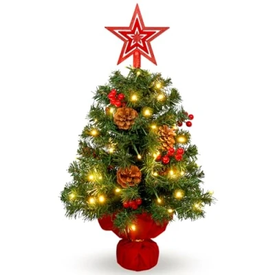 Image of Uten 2ft/60cm Mini Christmas Tree, Desktop Small Tree with 50 LED Strings Lights, 6 Groups of Red berries, Pinecones, Topper Star and Base for Decoration