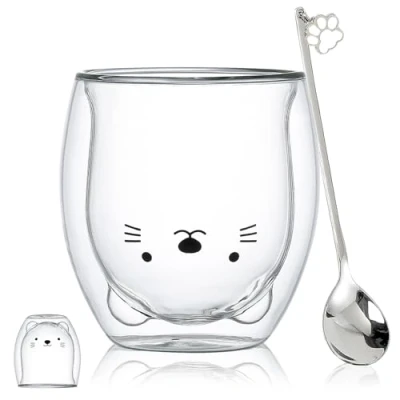 Image of Cat Mug Cute Mugs Glass Double Wall Insulated Glasses Womens Birthday Gifts Espresso Cup, Coffee Tea Milk Best Gift for Office and Personal (Cat)