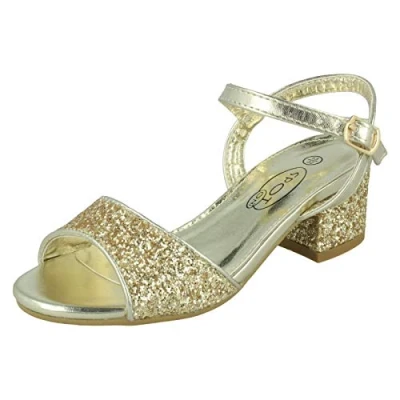 Image of Spot On Girls Mid Block Heel Sandals H1114 Gold Glitter UK Size 1 EU 33 US 2