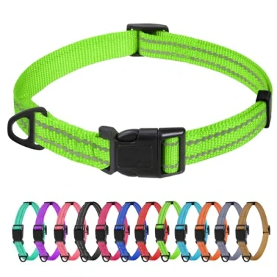 Image of TagMe Reflective Nylon Dog Collars, Adjustable Classic Collar with Quick Release Buckle for Extra Small Dogs, Green, 1.5 cm Width