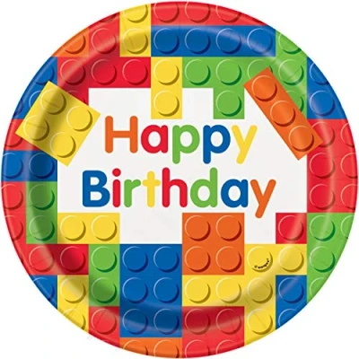 Image of Unique 58235EU Eco Friendly Paper Plates 23 cm Building Blocks Birthday Party 8 Count (Pack of 1)