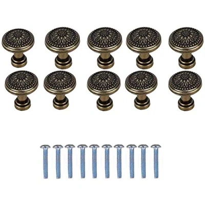 Image of Lapyyne 10 Pack Antique Flower Round Handle Kitchen Cabinet Cupboard Door Drawer Pull Knob with Screws 25 x 23mm