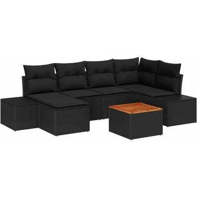 Image of vidaXL 7 Piece Garden Sofa Set with Cushions Black Poly Rattan Acacia