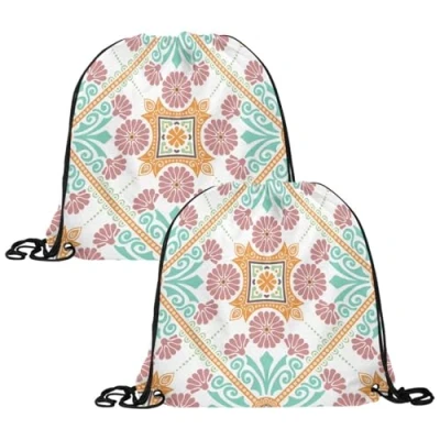 Image of VAPOKF 2PCS Drawstring Bags, PE Gym Bag, Personalised String Swim Trainer Bag for School Sports Travel, Moroccan Floral Pattern