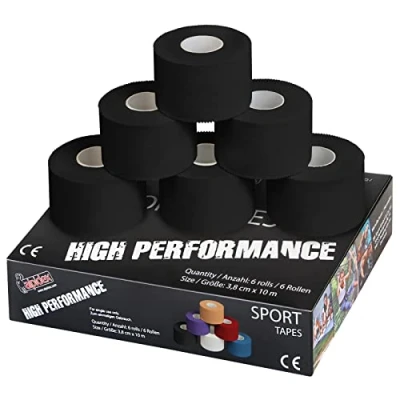 Image of ALPIDEX 6 x Sports Tape 10 m 3.8 cm Many Colours Zinc Oxide Finger Tearable Skinfriendly Handball Football Volleyball Rugby, Colour:black