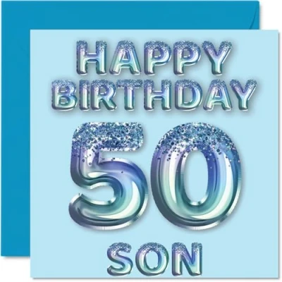 Image of 50th Birthday Card for Son Blue Glitter Party Balloons Happy Cards 50 Year Old from Mum Dad Parents, 145mm x Bday Greeting Gift