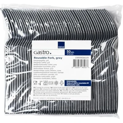 Image of Abena Gastro Reusable Plastic Forks 17cm Pack of 50 Charcoal Grey Dishwasher Safe Microwavable Heavy Duty Perfect for Social Events and Parties
