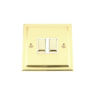 Image of Light Switch Double 2 Gang Victorian Polished Brass White Insert Metal Rocker 10 Amp Way