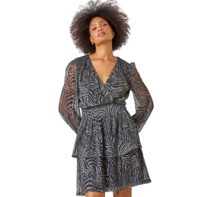 Image of Dusk Fashion Animal Print Plisse Stretch Dress for Women UK Ladies Everyday Autumn Winter V Neckline Comfy Soft Evening Vacation Work Party Night Out Bronze Size 10