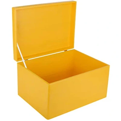 Image of Creative Deco XXL Large Yellow Wooden Storage Box Chest 40 x 30 24 cm (+/ 1 cm) with Hinged Lid Gift for Christmas Xmas Wood Keepsake Memory Craft