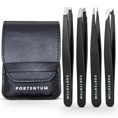 Image of PORTENTUM Professional Tweezers for Facial Hair Women and Men Stainless Steel Precision Ingrown (4 Pcs)