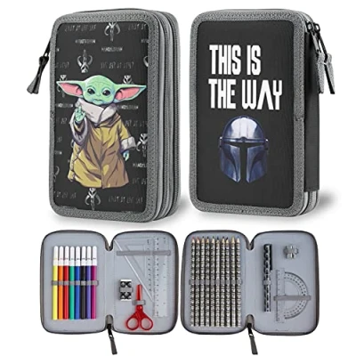 Image of The Mandalorian Children&#039;s Pencil Case with Felt and Double Compartment School Supplies Back to Gift Star Wars Baby Yoda