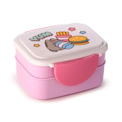 Image of Puckator Pusheen The Cat Foodie Clip Lock Stacked Bento Lunch Box with Cutlery for Adults and Kids Compartments Snack Food Containers Lids Stackable Pots Meal Prep
