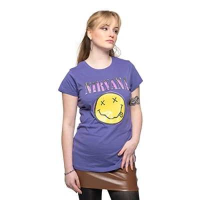 Image of Nirvana T Shirt Smile Pink Band Logo Official Womens Skinny Fit Purple M