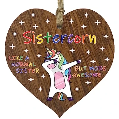 Image of Sister Birthday Gift for Her Sistercorn Wooden Heart Plaques, Dark Wood Sign Keepsake, Funny Happy Plaque Gifts Unicorn Awesome Present from Brother Step