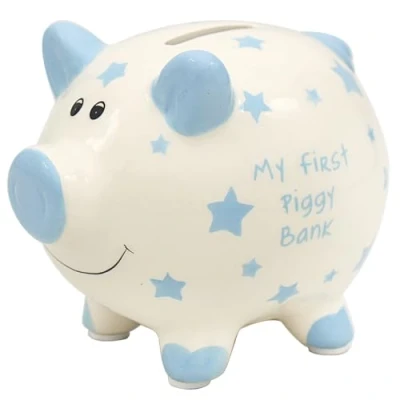 Image of lesser and pavey Coin Bank, Ceramic, White &amp; Blue,