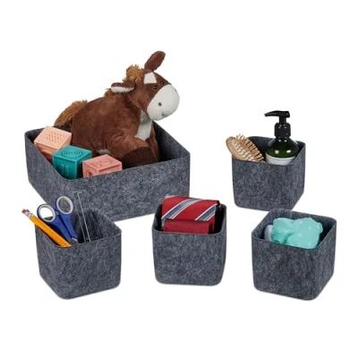 Image of Drawer Organiser, 5 Piece Storage Baskets for Cabinet, Wardrobe, etc., Made of Felt, 2 Sizes, Dark Grey Relaxdays
