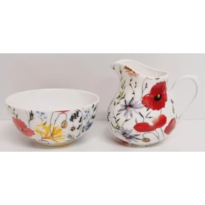 Image of Wildflowers Meadow Cream/Milk Jug and Sugar Bowl Fine Bone China Bright Flowers Floral Matching Set Hand Decorated UK