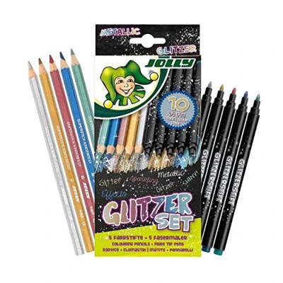 Image of JOLLY Glitter Colouring Pencils Set of 10 Metallic &amp; Pencils, Includes 5 Fibre Tip Pens Coloured Highly Pigmented, Ideal for Dark Paper, Reinforced Wooden