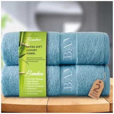 Image of GC GAVENO CAVAILIA Bamboo Bath Sheet Extra Large (80x140cm) 500 GSM Super Water Absorbent Towels 2 Pack (60% Bamboo, 40% Cotton) Soft Towel Sheets Blue
