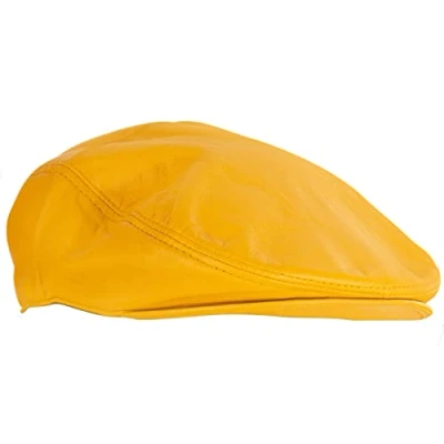 Image of Mens Yellow Flat Hat Leather Beret Newsboy Gatsby Golf Cabbie Cap 2XL