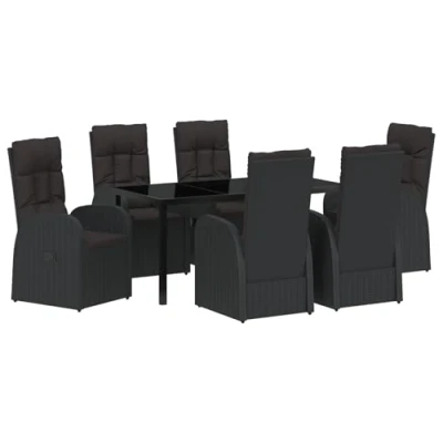 Image of vidaXL 7 Piece Garden Dining Set with Cushions Black Poly Rattan