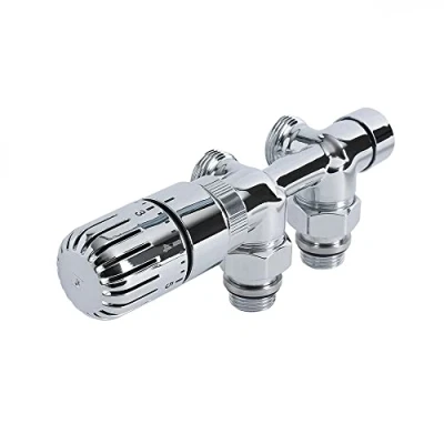 Image of Milano Chrome Angled Thermostatic H Block Heated Towel Rail Radiator Valves Eurocone Adapter 15mm
