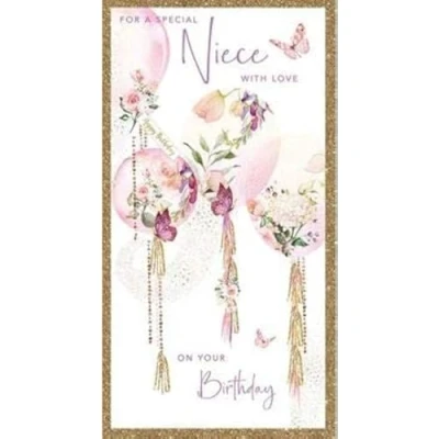 Image of Nigel Quiney Artistic Niece Birthday Card (NQ PR91) Floral Balloons Flitter Finish Pizazz Range
