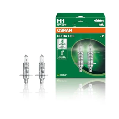 Image of OSRAM ULTRA LIFE, H1, halogen headlight lamps, Hanging folding box (2 lamps), white