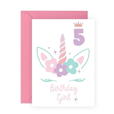 Image of Central 23 5th Birthday Card Girl Pastel Unicorn 5 Year Old Age Five Comes With Fun Stickers Vegan Ink Made In The UK