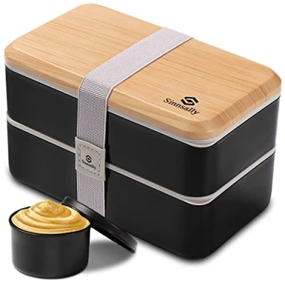 Image of Sinnsally 1400ML Bento Box Lunch Boxes, Stackable for Adults,Leak Proof Container with Compartments,Japanese Style Lunchbox Sauce Pot Cutlery Set,Microwaveable Safe