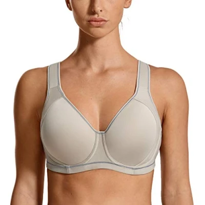 Image of SYROKAN Women&#039;s Sports Bra High Impact Underwire Support Full Coverage Plus Size Molded Fitness Workout Bras Building Grey 36DD