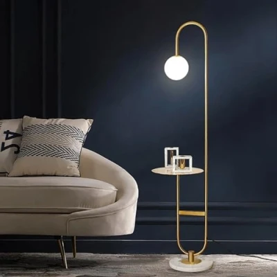 Image of HAOJIazx 60&quot; Modern Arc Floor Lamp with Shelf, Gold Standing Glass Shade &amp; Marble Base É