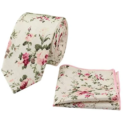 Image of DB Dickie Bow Men&#039;s Luxury Cotton Skinny Neck Tie &amp; Pocket Square Set (Cream Floral) suitable for formalwear, office, weddings, parties, grooms groomsmen outfits