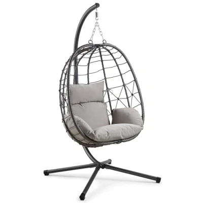 Image of VonHaus Hanging Egg Chair Grey Rattan Garden Swing with Stand 1 Seater Padded Cushions and Folding Frame Foldable Swinging for Patio, Balcony Outdoor &amp; Indoor